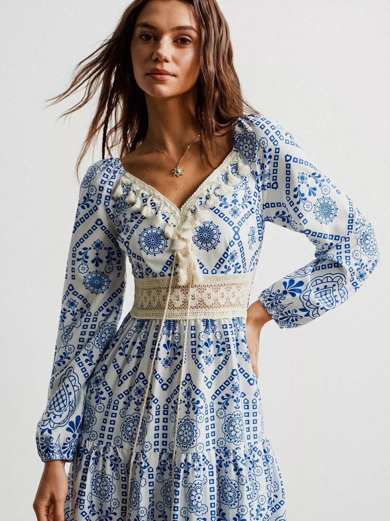 Bohemian Print Midi Dress with Tassel Detail Simply Love
