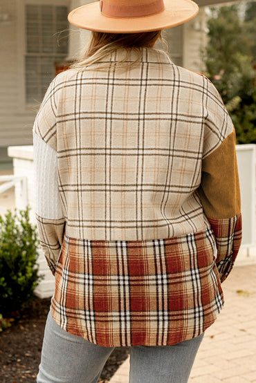 Chic golden apricot plaid patchwork shacket for plus sizes