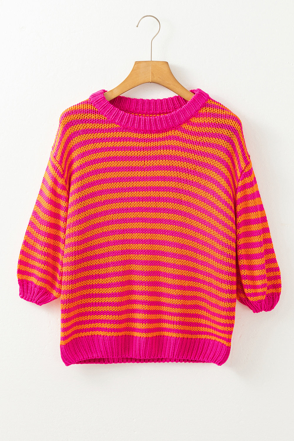 Chic Rose Striped 3/4 Puff Sleeve Drop Shoulder Knit Sweater