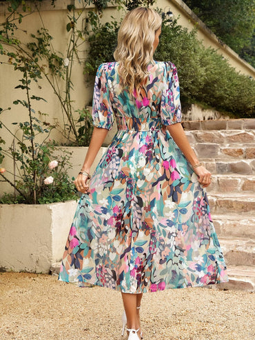 Smocked Printed V-Neck Half Sleeve Midi Dress.