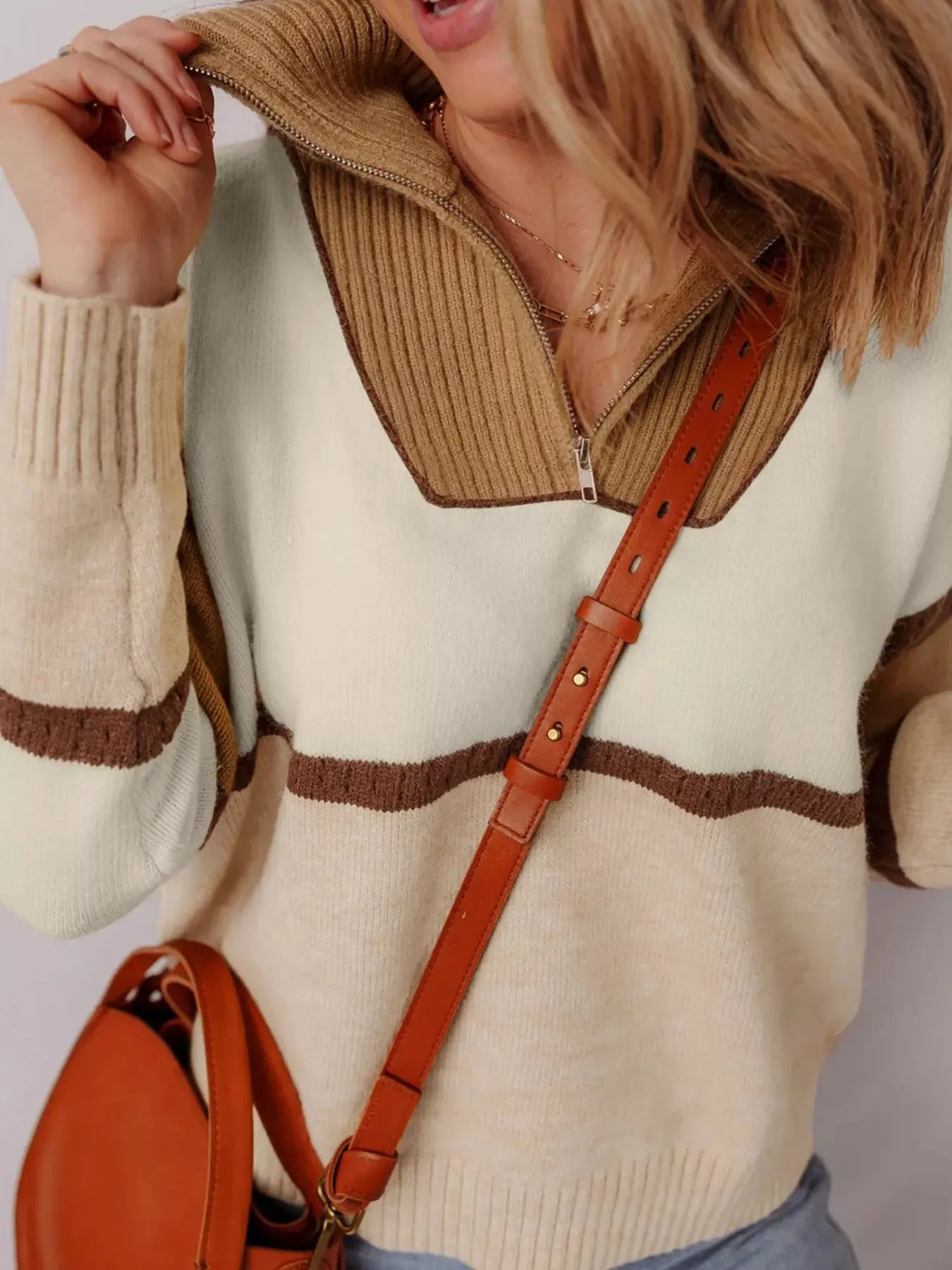 Color Block Zipped Collared Sweater Simply Love