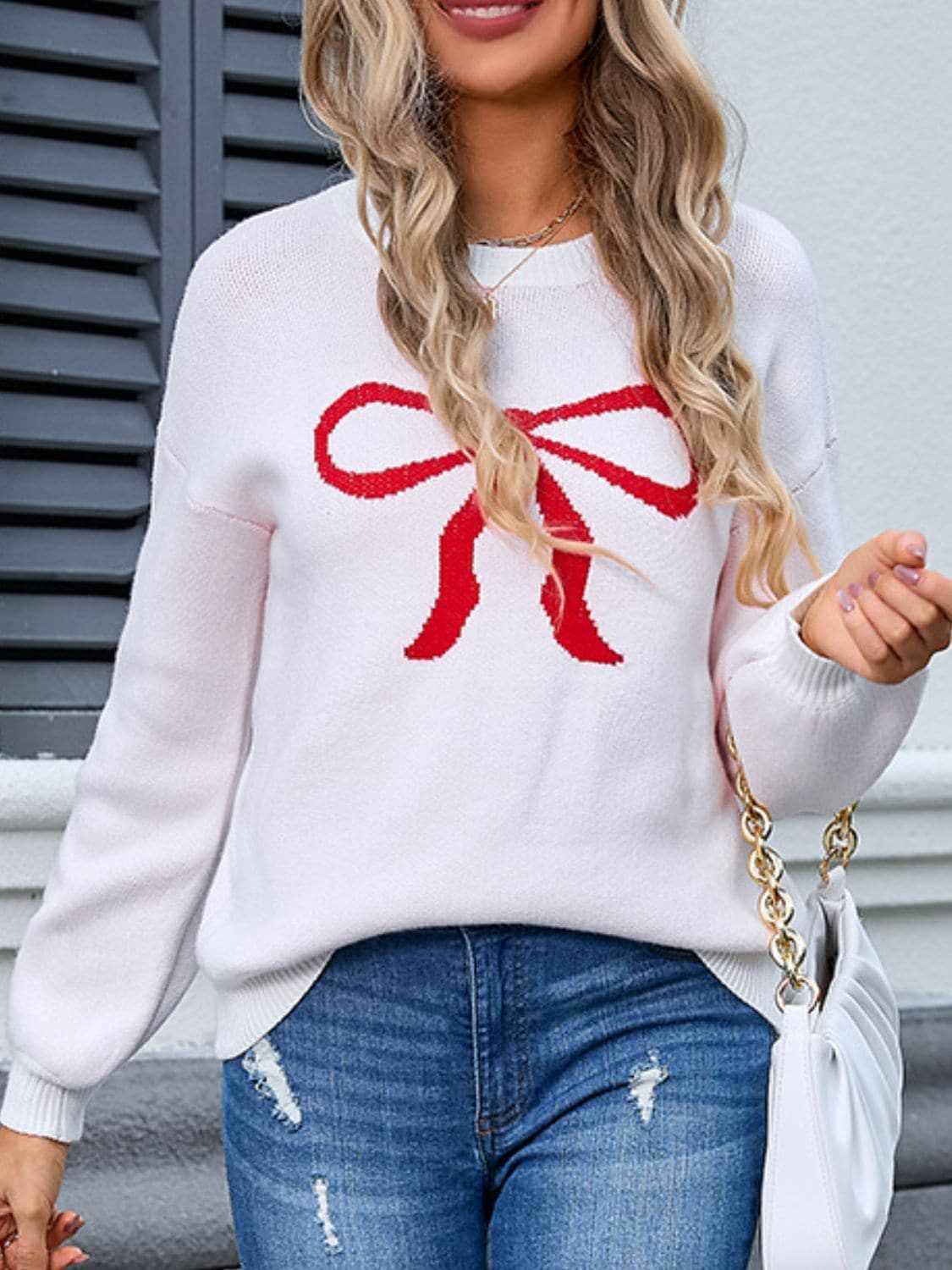 Charming bow print long sleeve sweater - Love Salve 