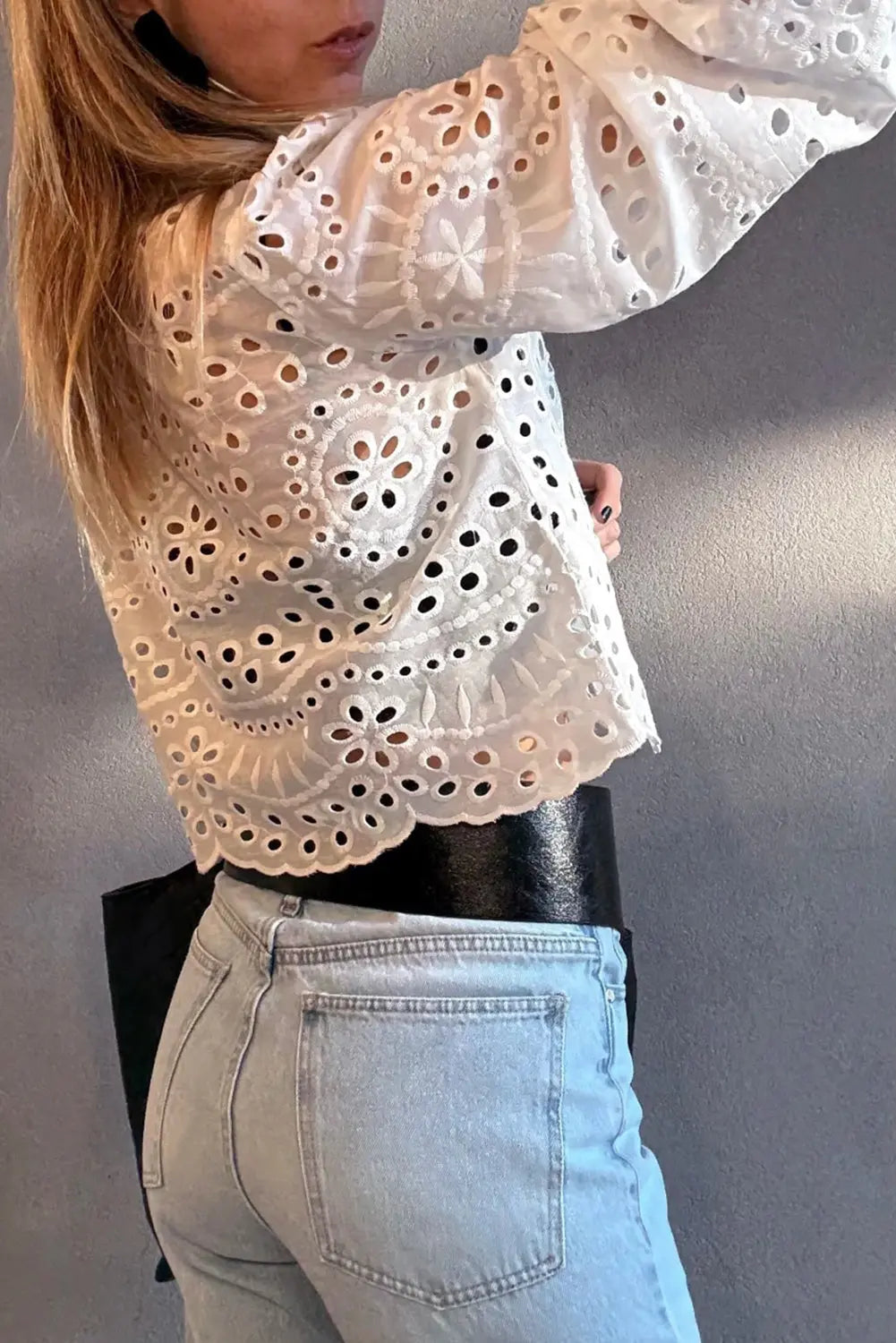 White Eyelet Embroidered Puff Sleeve Cropped Shirt For Women Dear-Lover Dropshipping