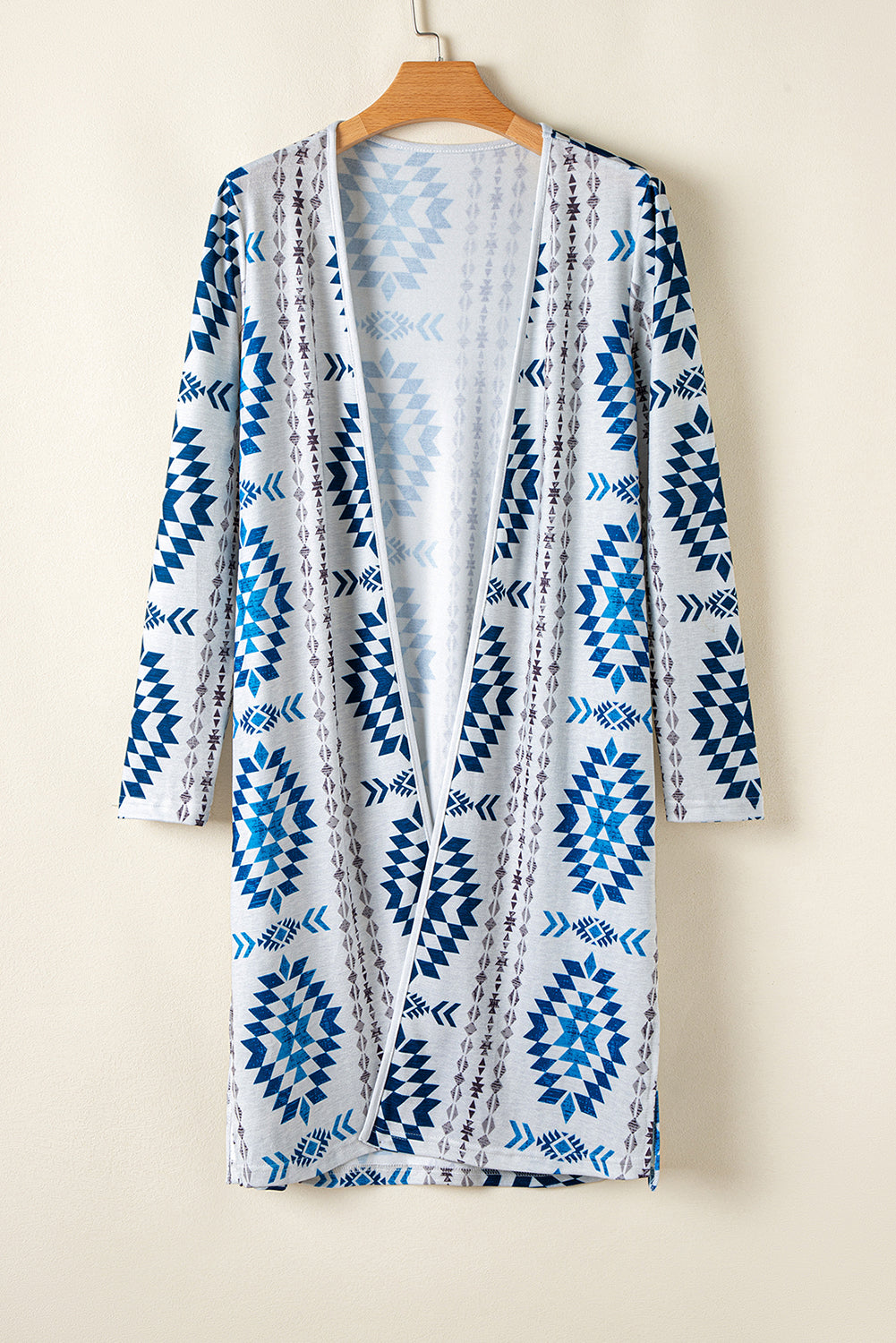 Sky Blue Open Front Long Cardigan with Western Aztec Design