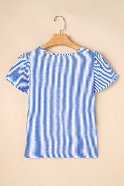 Sky Blue Stripe Textured Ruffle Short Sleeve Boho Blouse