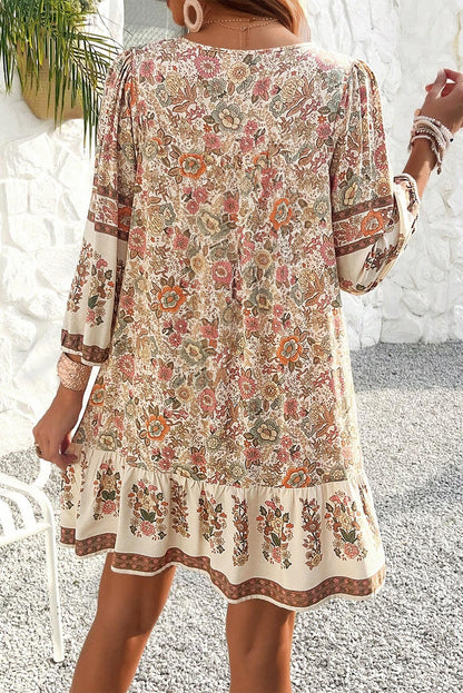 Apricot Floral Print Tassel Drawstring V Neck Mini Dress