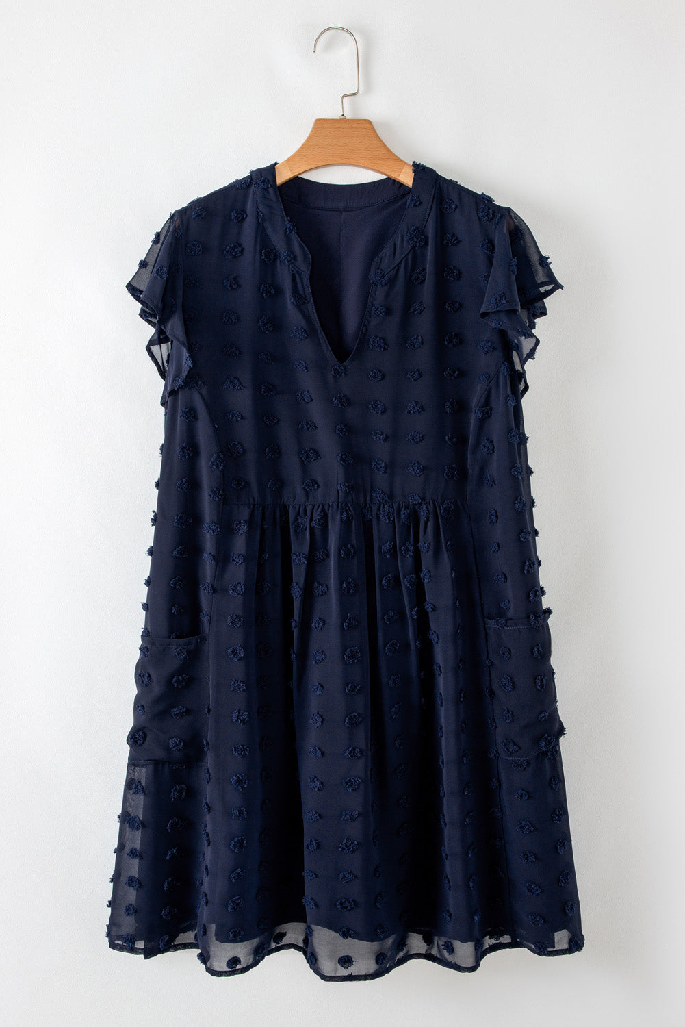 Navy Blue Dotty Textured Notched Neck Plus Ruffled Dress