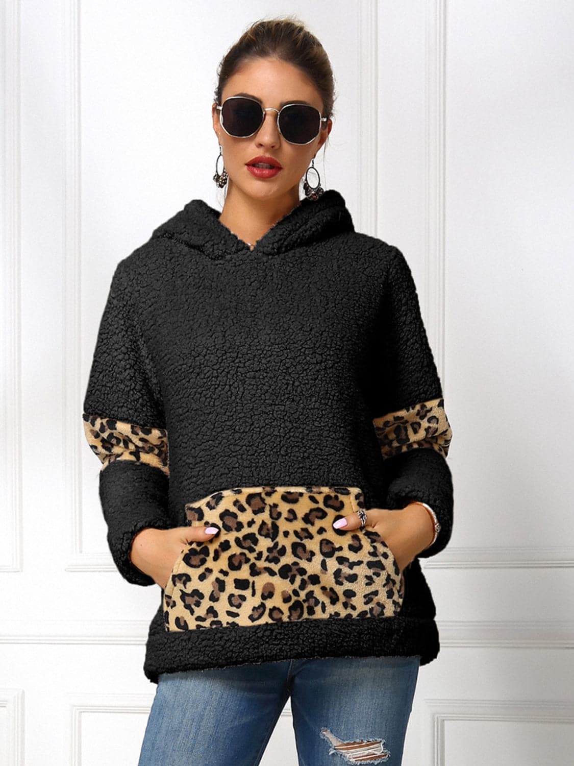 Sherpa Leopard Long Sleeve Hoodie.