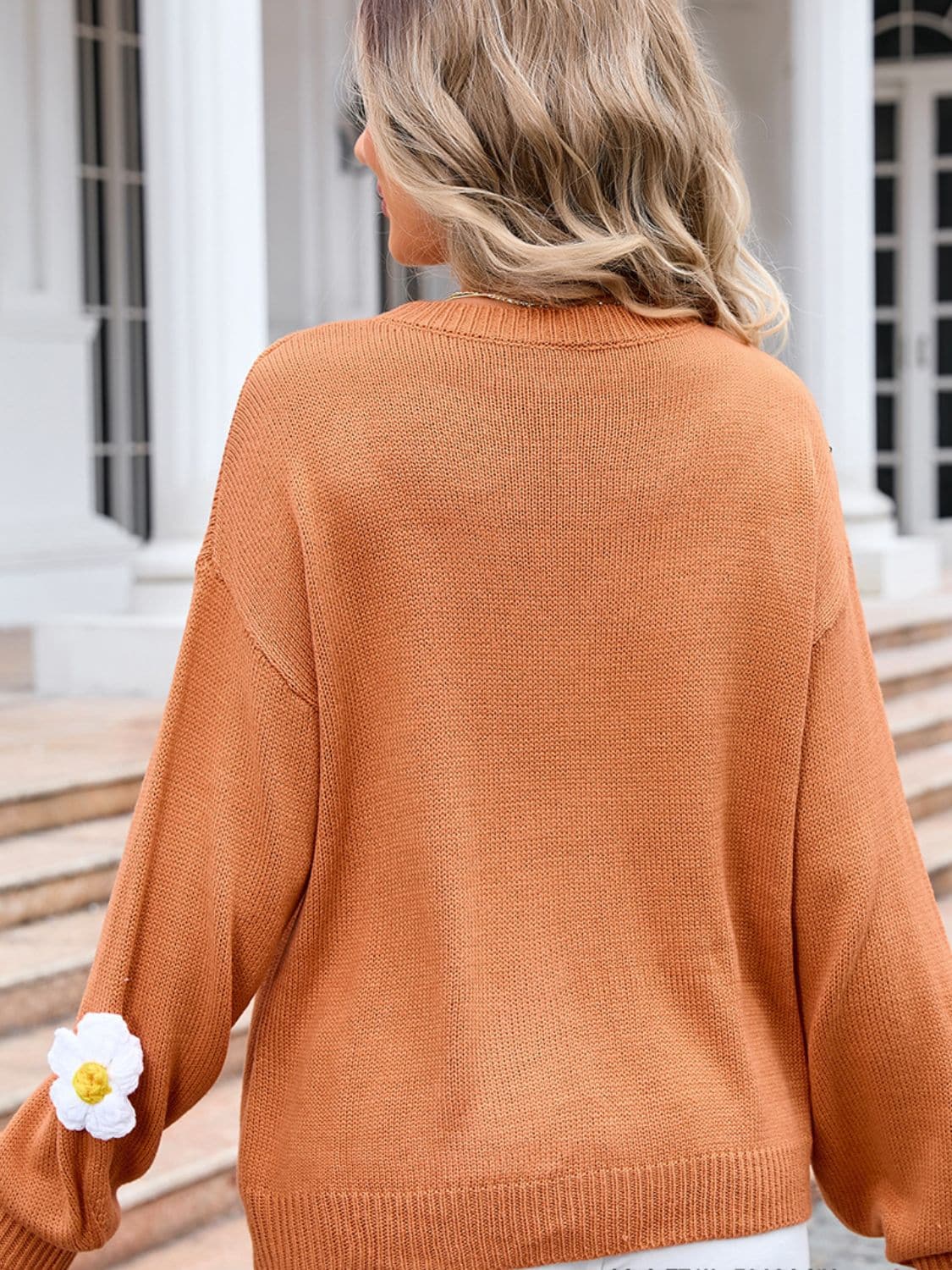 Flower Round Neck Long Sleeve Sweater.