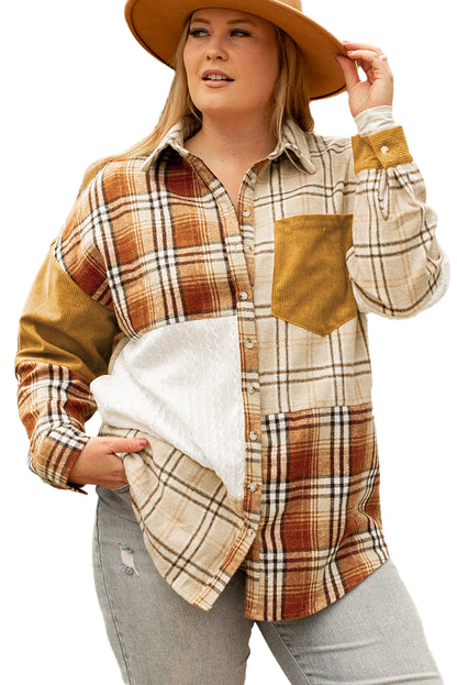 Chic golden apricot plaid patchwork shacket for plus sizes