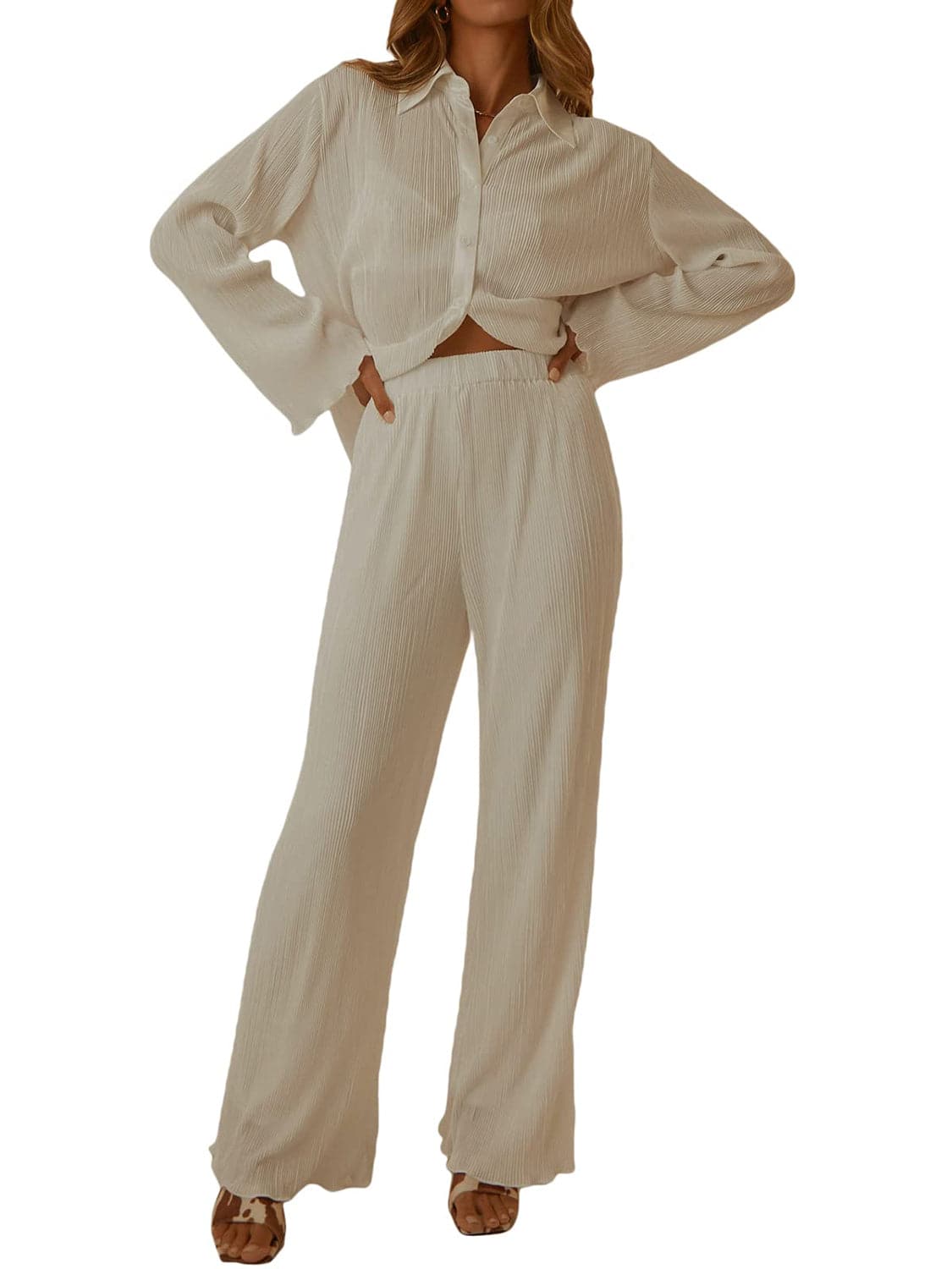 Chic collared long sleeve lounge set with pants