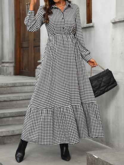 Ruffle Hem Plaid Long Sleeve Dress.