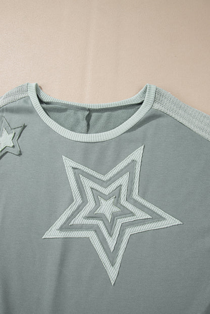 Mist green starry patchwork plus size t-shirt with round neckline