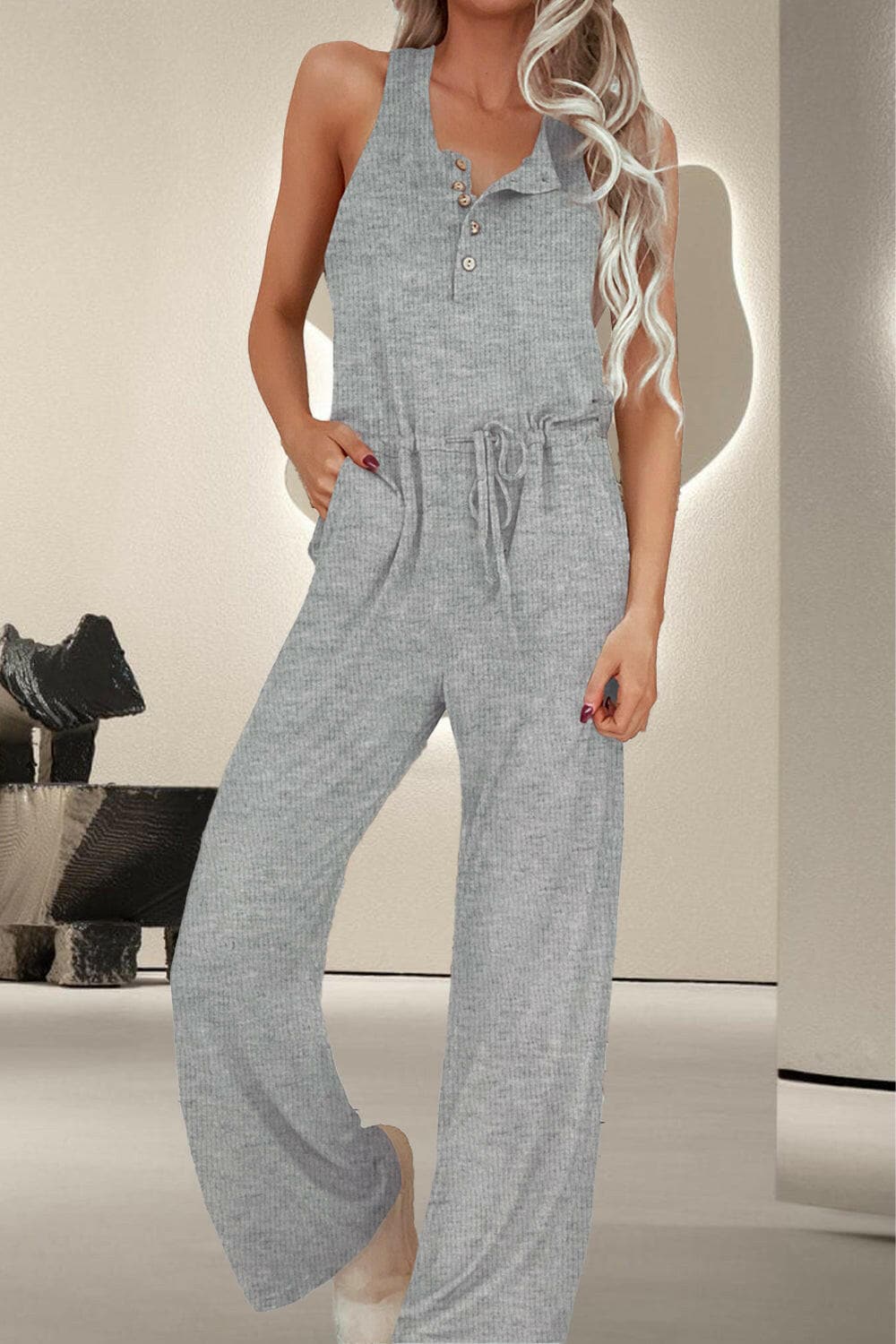 Drawstring Quarter Button Wide Strap Jumpsuit.