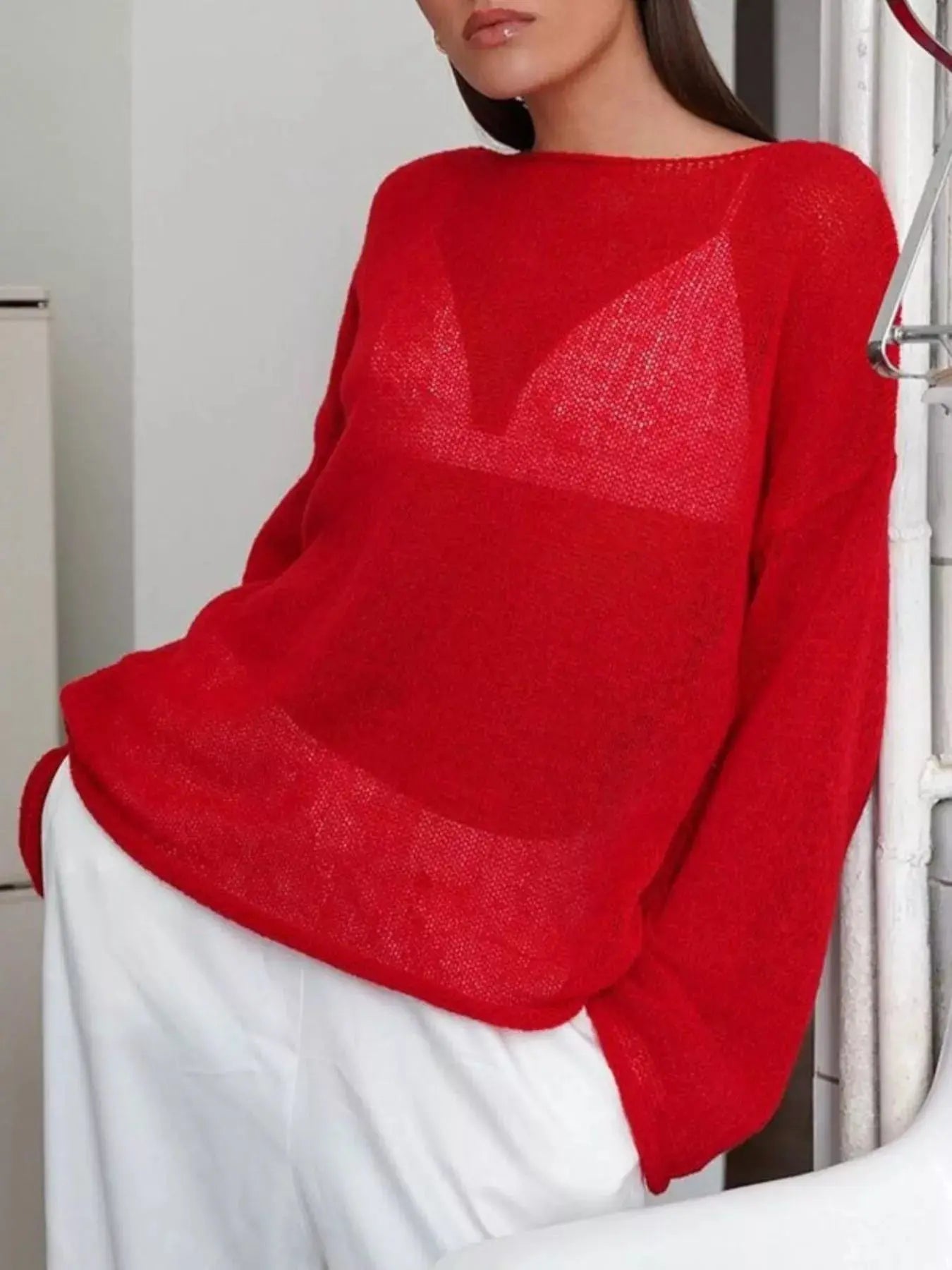 Boat Neck Dropped Shoulder Sweater Simply Love