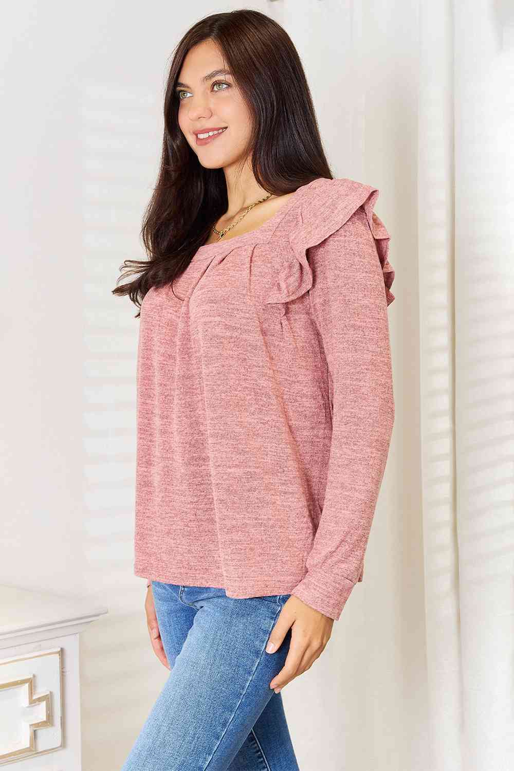 Double Take Square Neck Ruffle Shoulder Long Sleeve T-Shirt - Love Salve