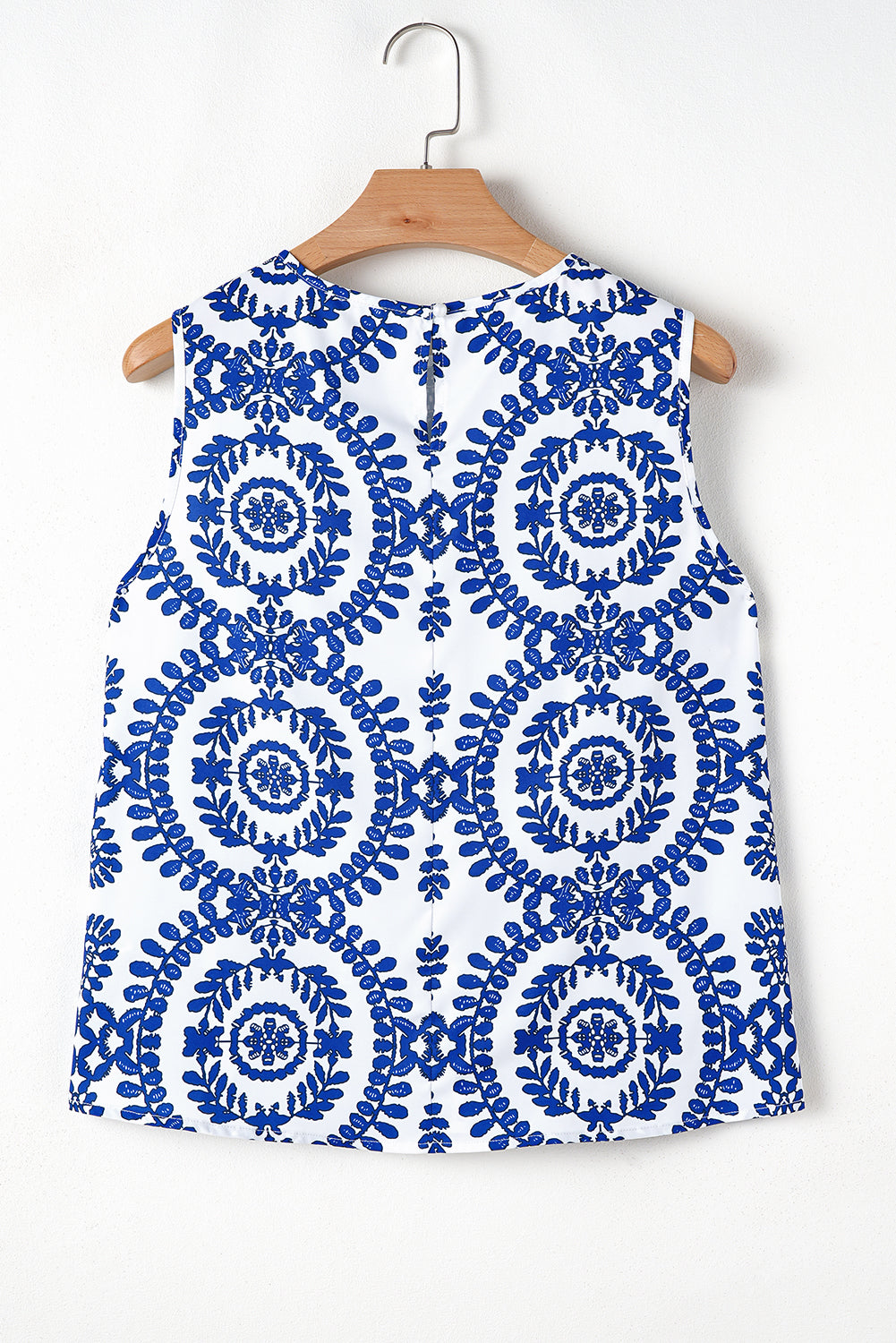 Blue Vintage Print Pintuck Crew Neck Tank Top for Women