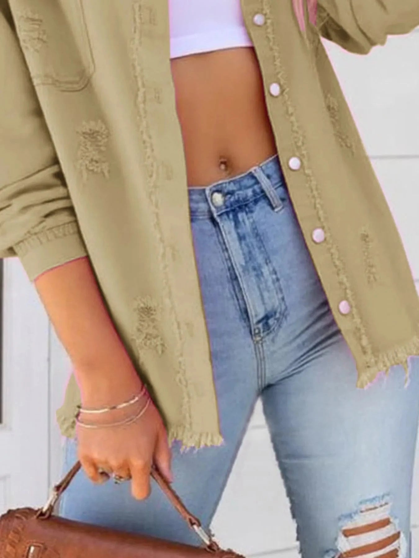 Distressed Denim Jacket with Frayed Edges Coco’s Tee Boutique