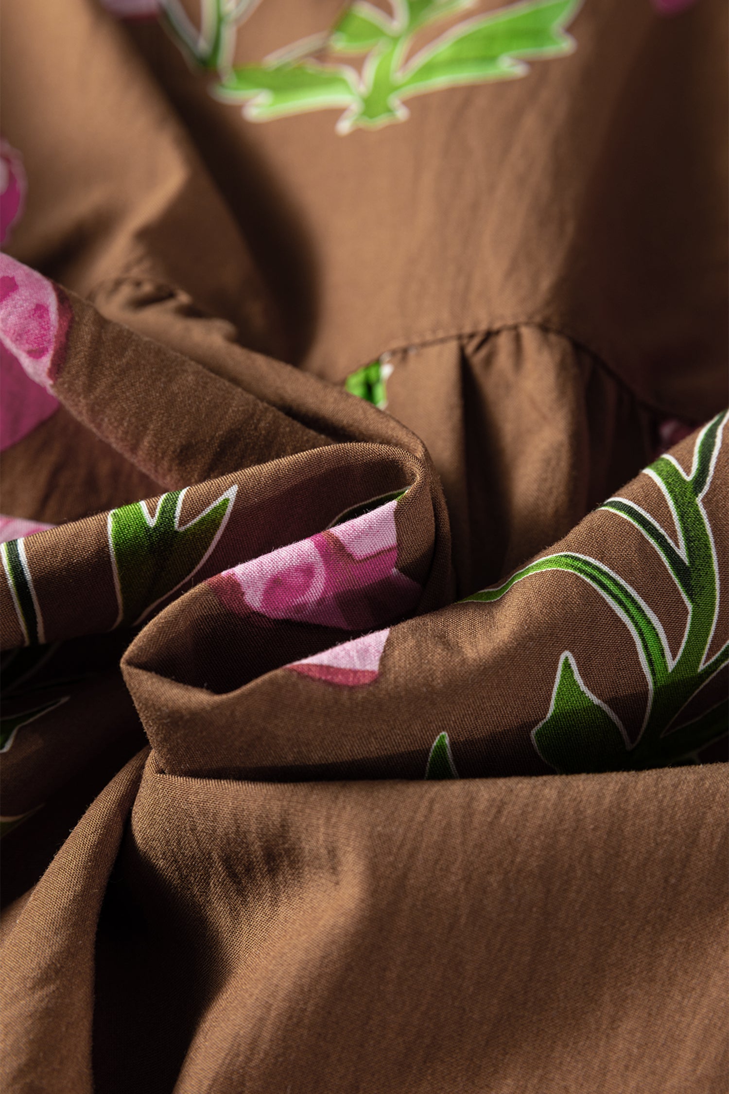 Brown Contrast Floral Print Babydoll Tunic Dress With Ruffled Hem Puff Sleeve Dear-Lover Dropshipping