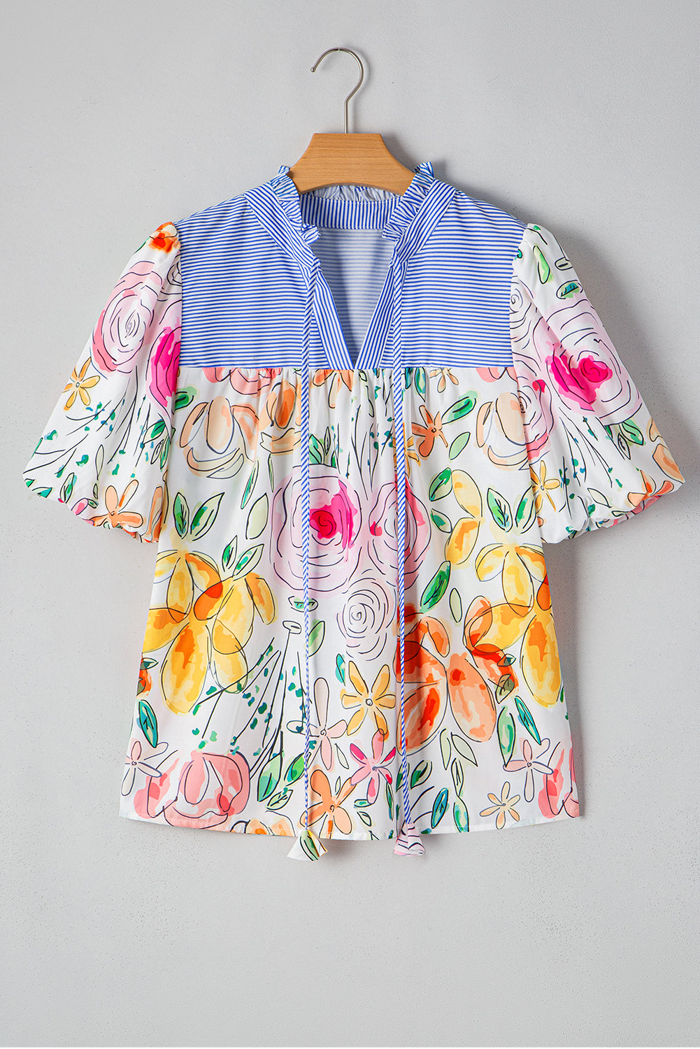 Cameron Floral Striped Yoke Blouse with Puff Short Sleeves and Frilled V Neck - Love Salve 