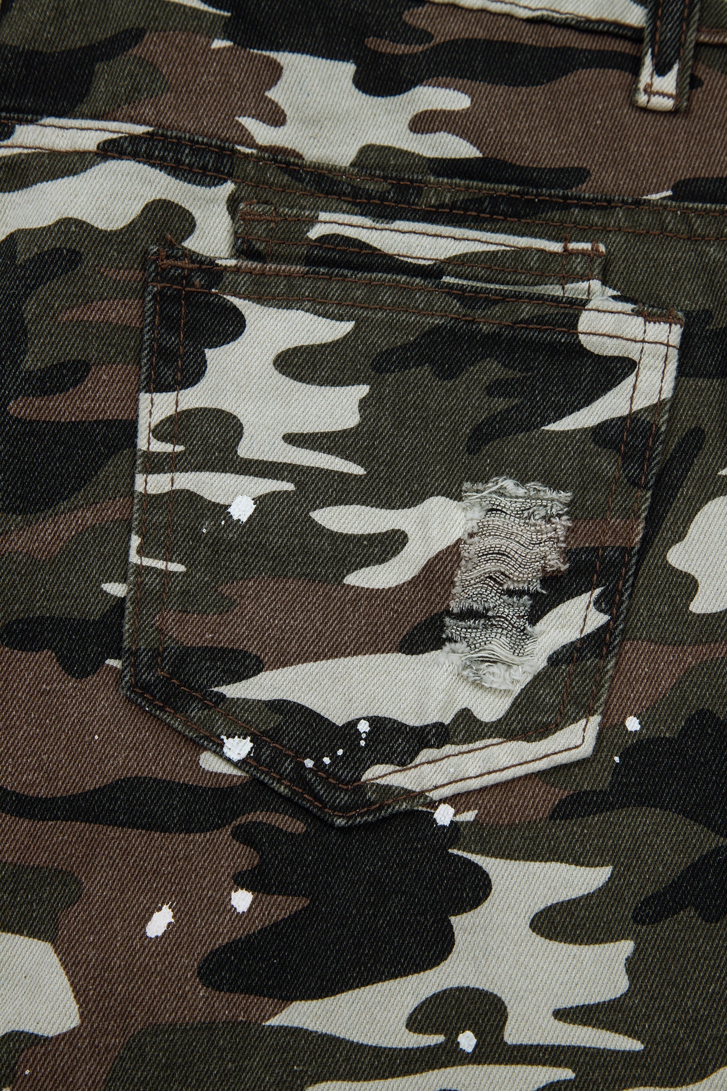 Green Camouflage Print Distressed Loose Denim Pants With Splash Design Dear-Lover Dropshipping