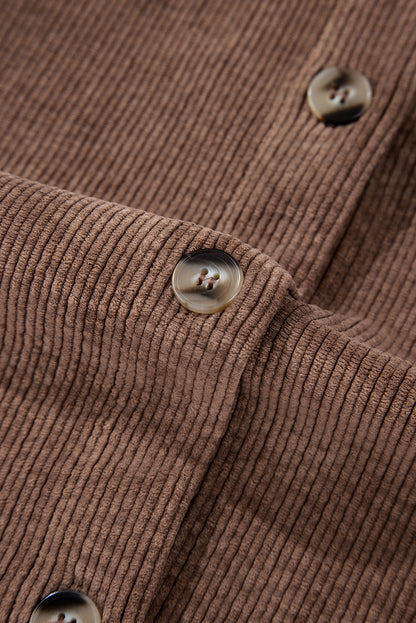 Cozy chestnut corduroy button-up shacket with flap pockets