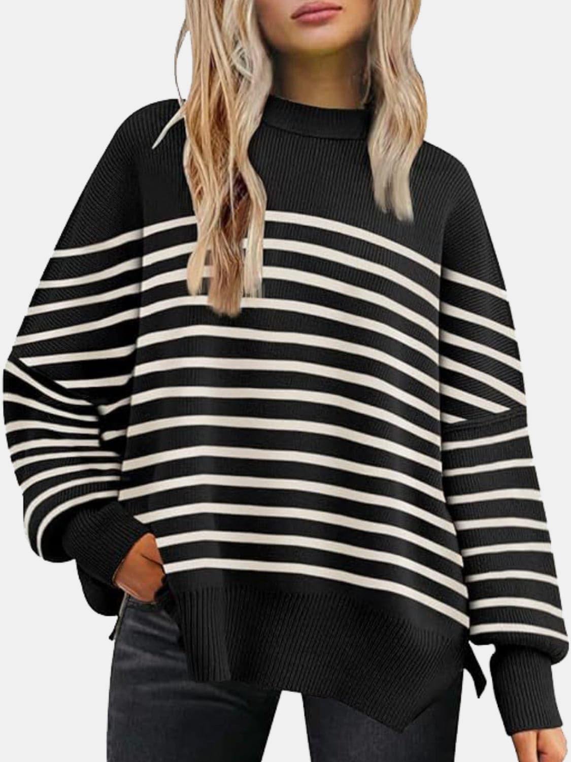 Round Neck Drop Shoulder Slit Sweater.