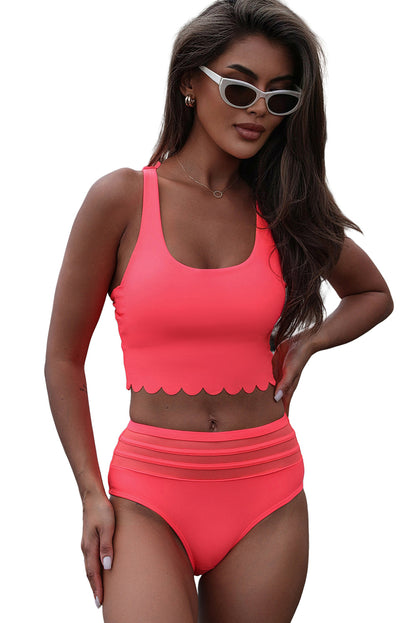 Chic pink scalloped high waist criss-cross bikini