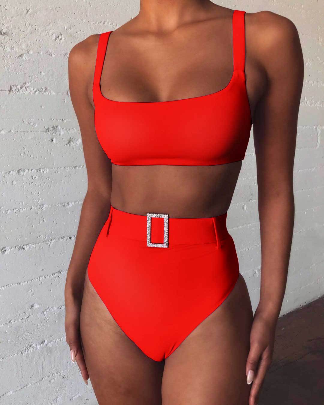 Solid Color High Waist Sexy Imitation Diamond Bikini Split Swimsuit Swimwear Bella Mia
