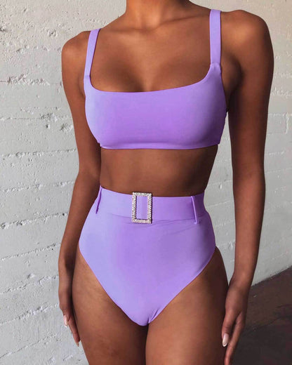 Solid Color High Waist Sexy Imitation Diamond Bikini Split Swimsuit Swimwear
