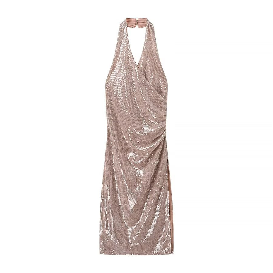 Women French Sequin Pleated Halter Dress Bella Mia