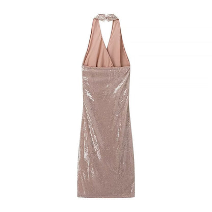 Women French Sequin Pleated Halter Dress