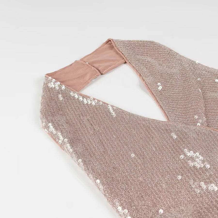 Women French Sequin Pleated Halter Dress Bella Mia