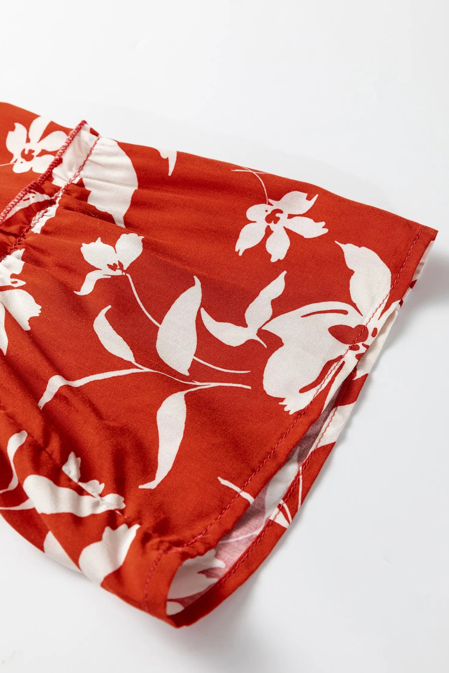 Red Boho Floral Print Lettuce Trim Mini Dress With Three Quarter Sleeves Dear-Lover Dropshipping