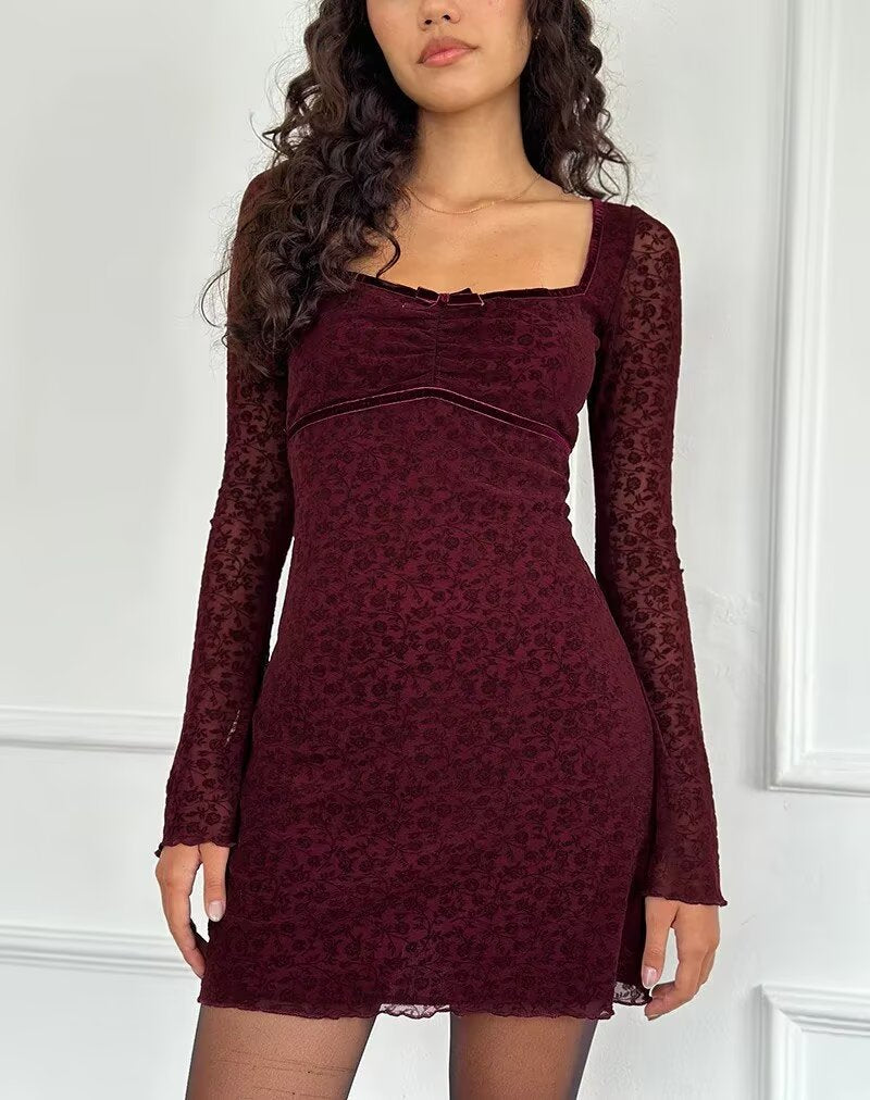 Retro Flocking Jacquard Long Sleeve Dress Women Autumn Winter French Sexy Skinny Sheath Mesh dress Bella Mia