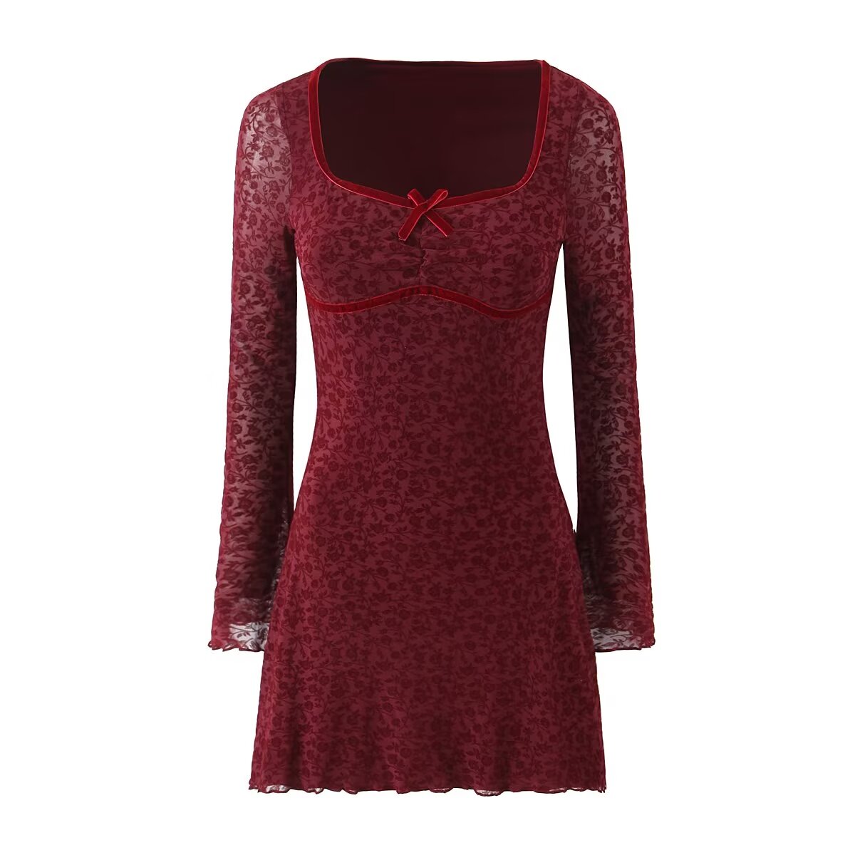 Retro Flocking Jacquard Long Sleeve Dress Women Autumn Winter French Sexy Skinny Sheath Mesh dress Bella Mia