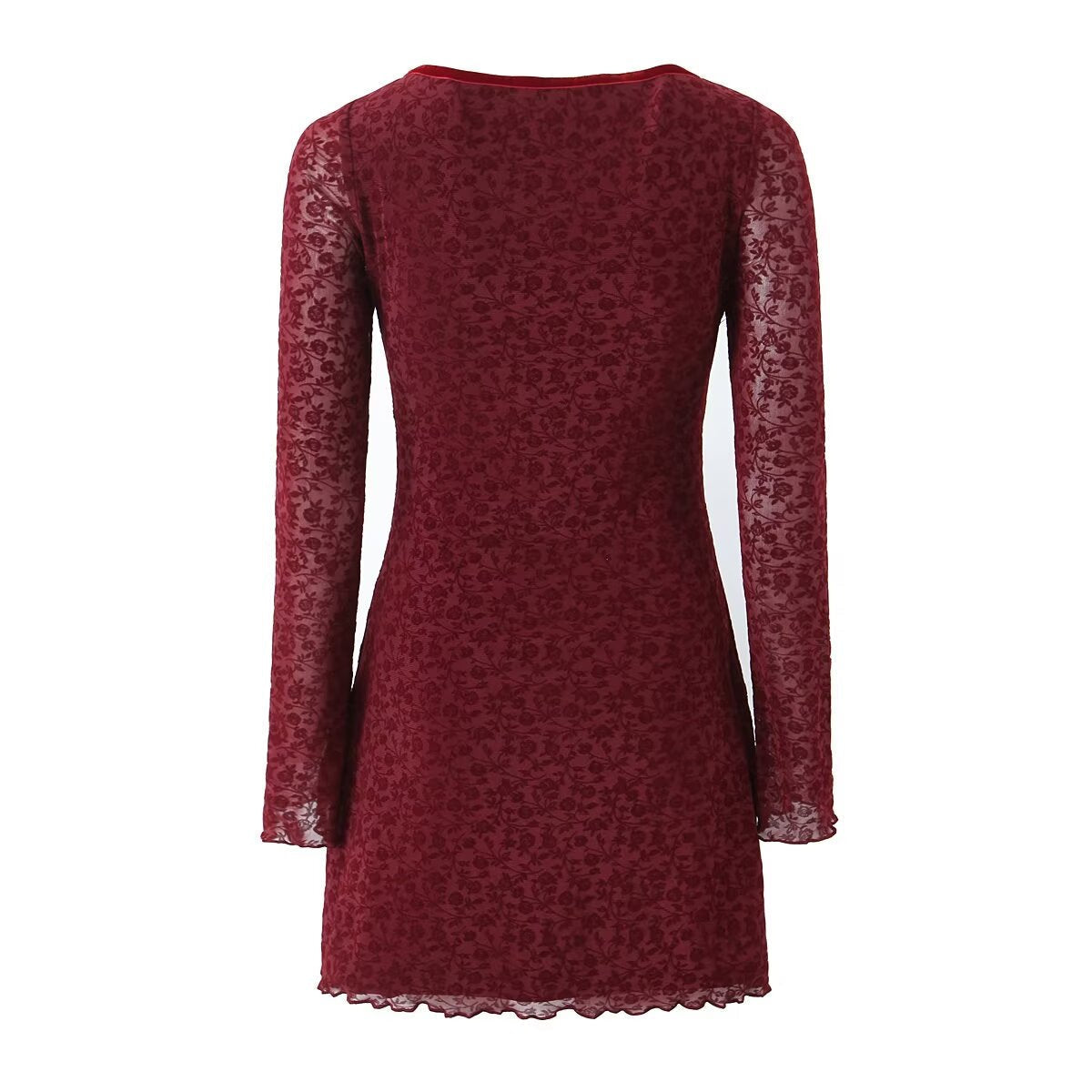 Retro Flocking Jacquard Long Sleeve Dress Women Autumn Winter French Sexy Skinny Sheath Mesh dress Bella Mia