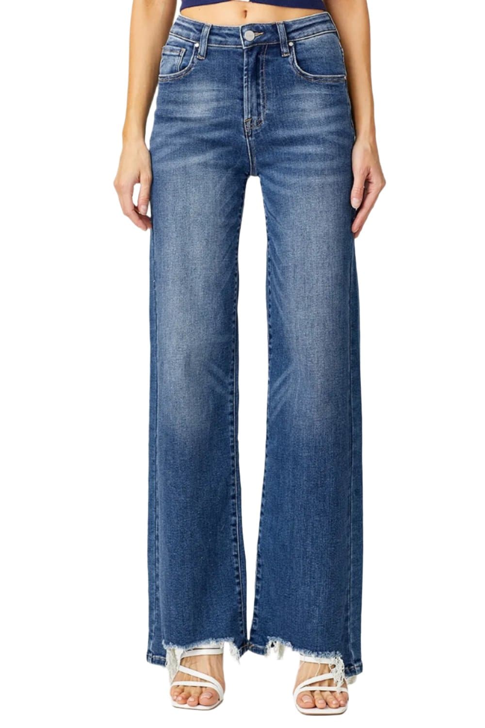 Risen Full Size High Rise Frayed Hem Wide Leg Jeans.