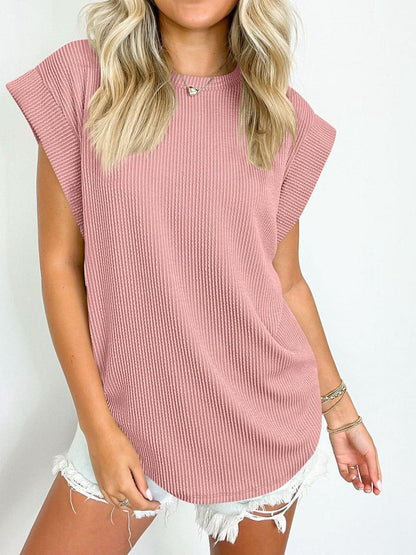 Textured Round Neck Cap Sleeve Blouse.