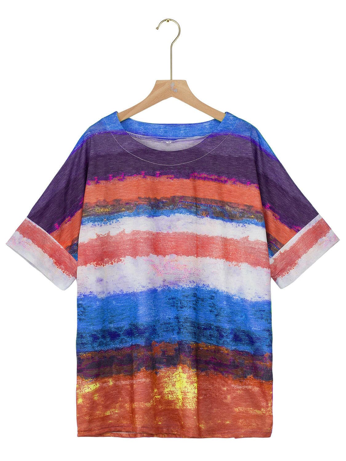 Full Size Color Block Round Neck Half Sleeve T-Shirt.