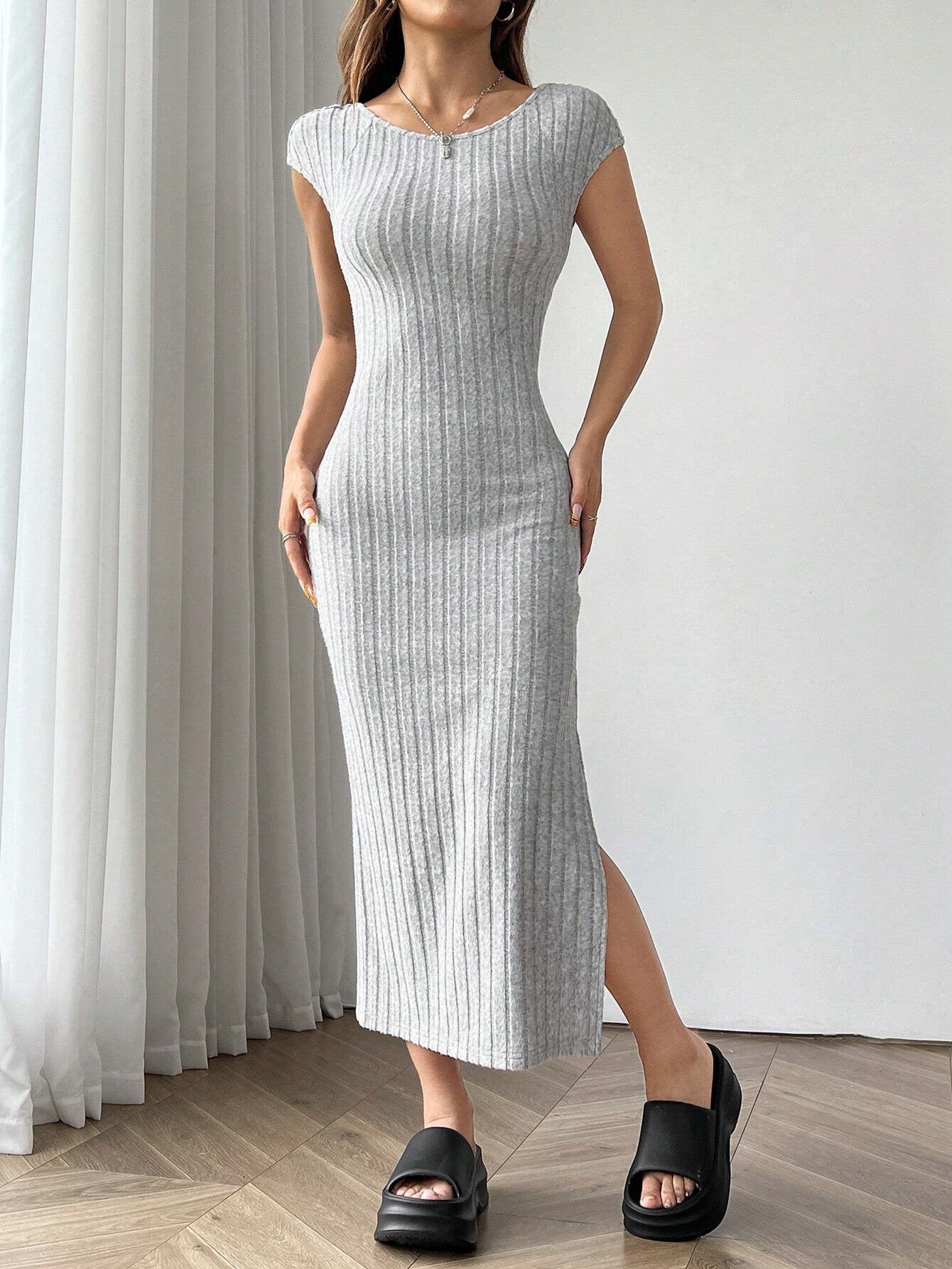 Women Clothing Summer round Neck Short Sleeve Backless Sexy Slit Dress Bella Mia