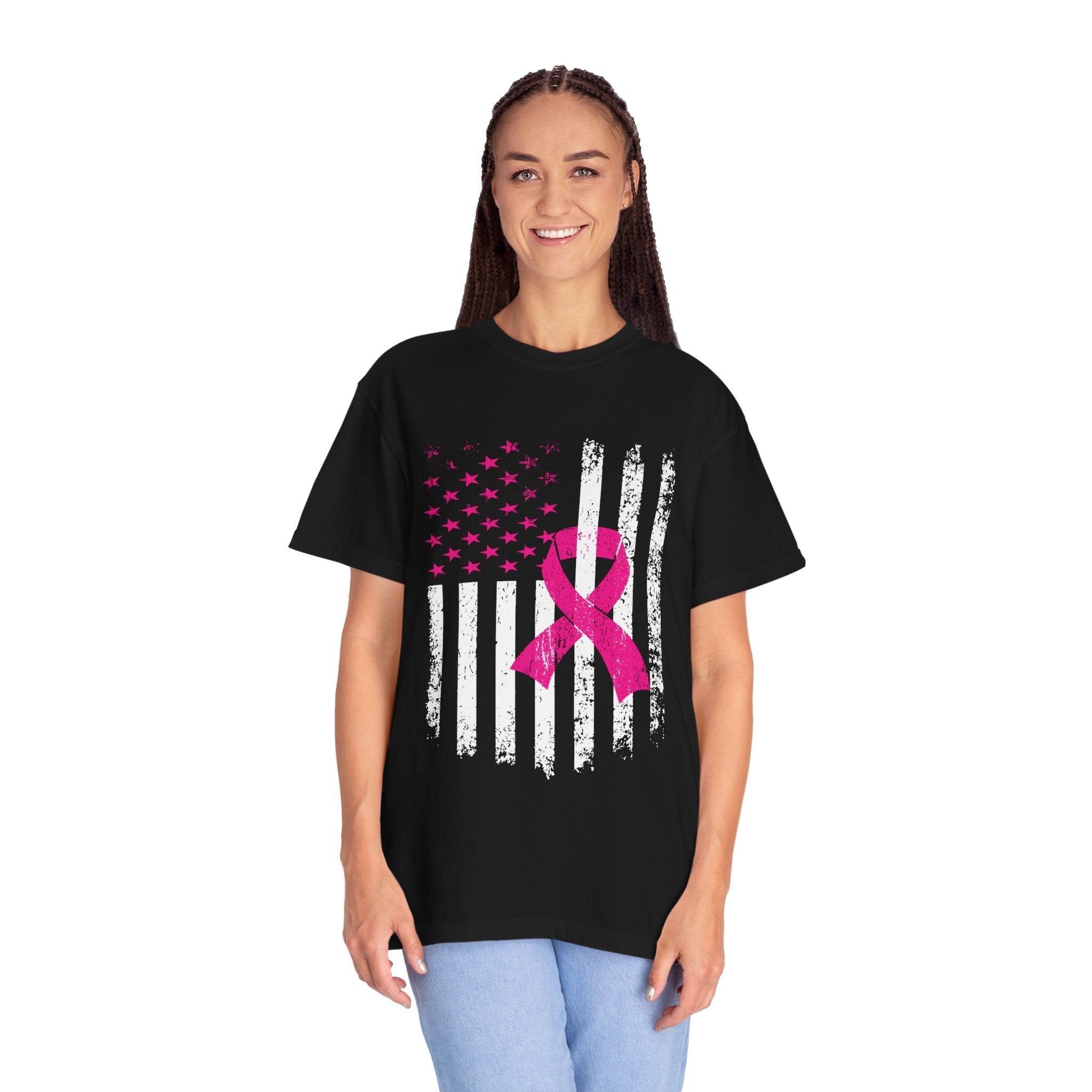 Unisex Breast Cancer Awareness Flag Tee With Distressed US Flag And Pink Ribbon Garment Dyed In Graphite Or Black Coco’s Tee Boutique