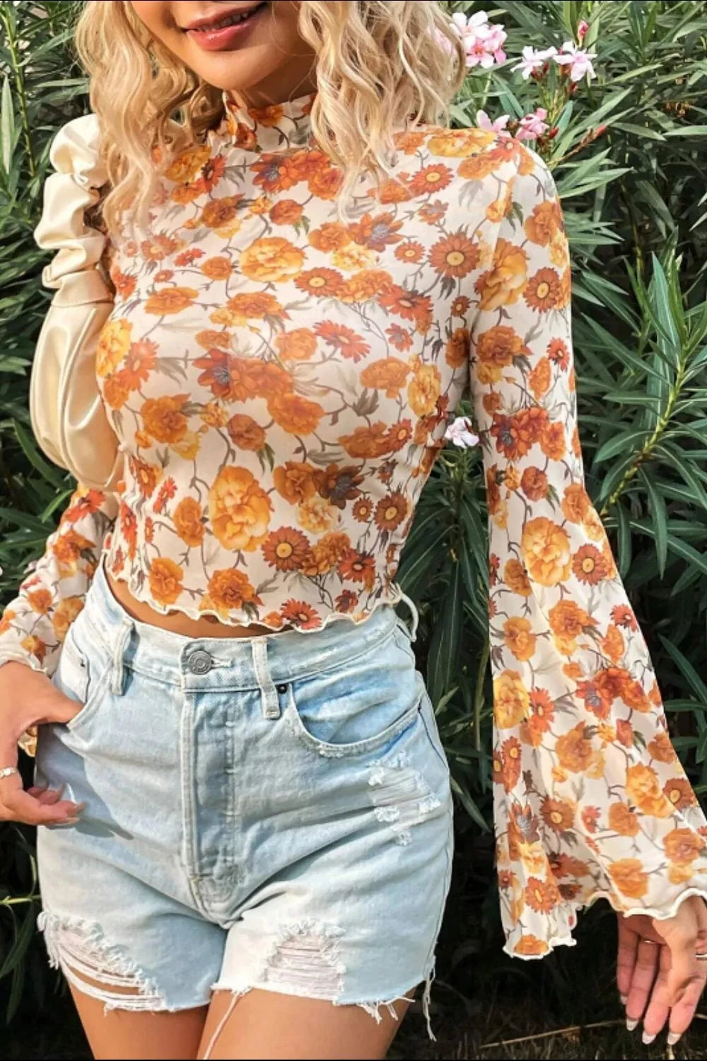 Printed Mock Neck Flare Sleeve Top Coco’s Tee Boutique