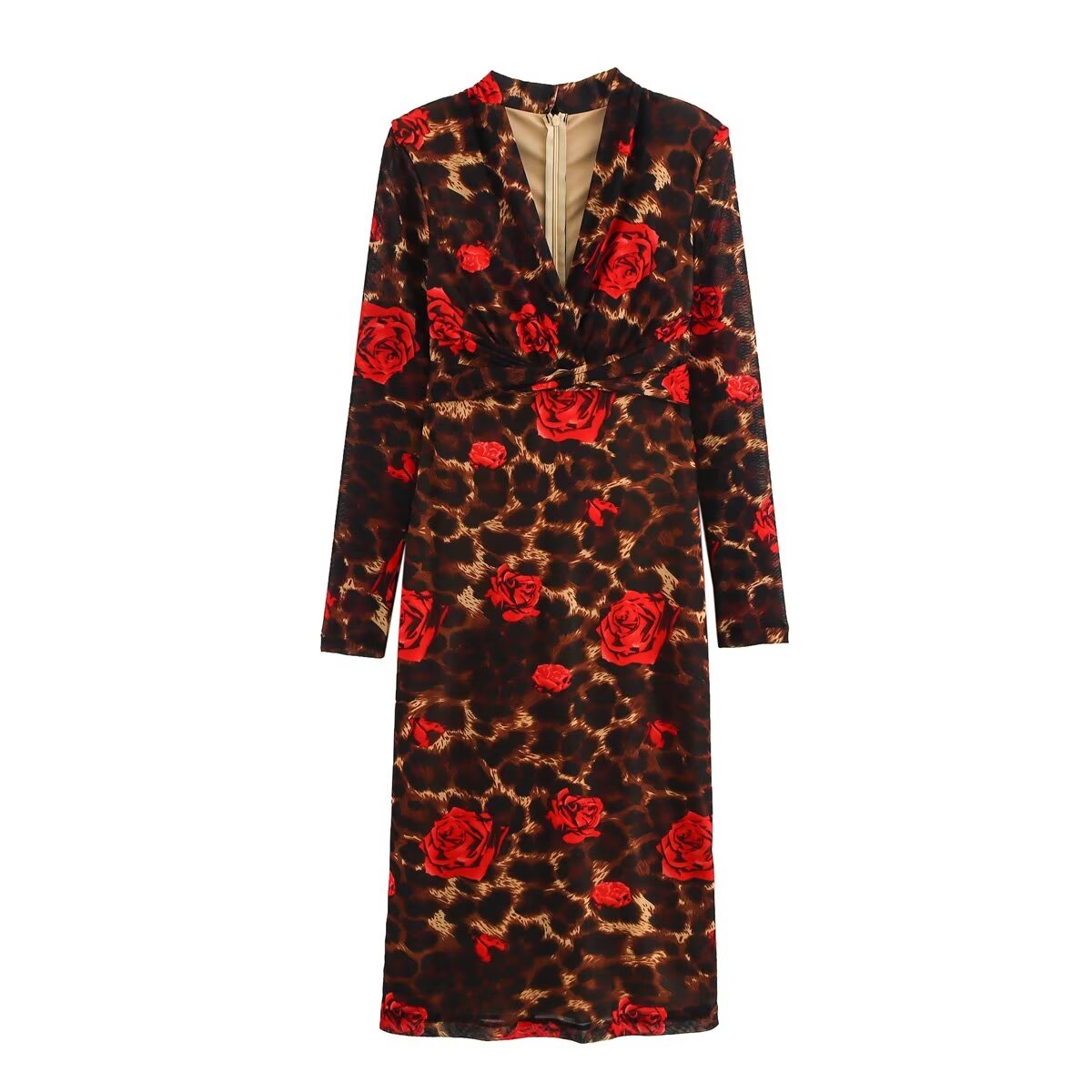 Winter V neck Slim Knitted Leopard Rose Print Sheath Long Sleeve Dress Bella Mia