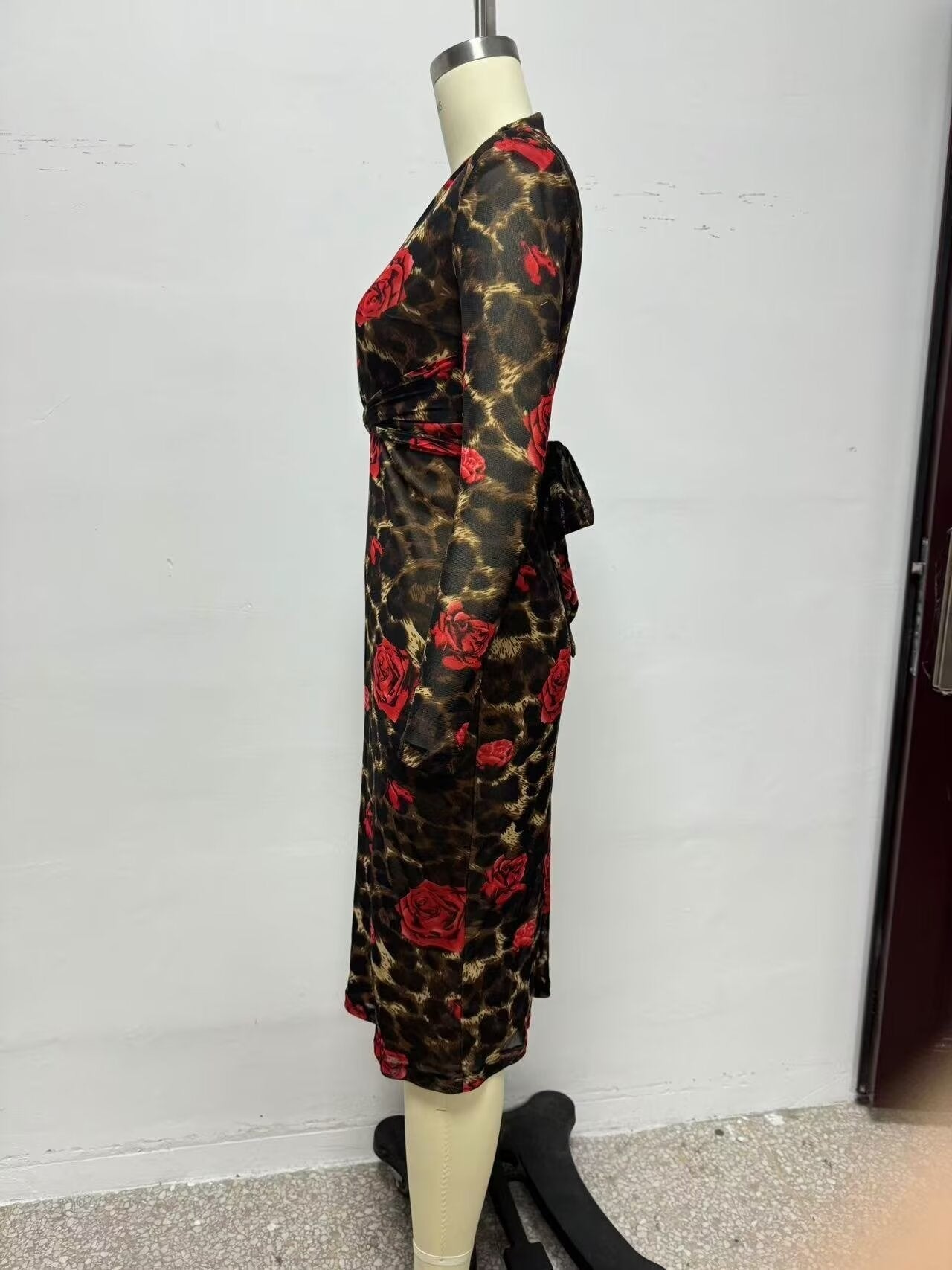 Winter V neck Slim Knitted Leopard Rose Print Sheath Long Sleeve Dress Bella Mia