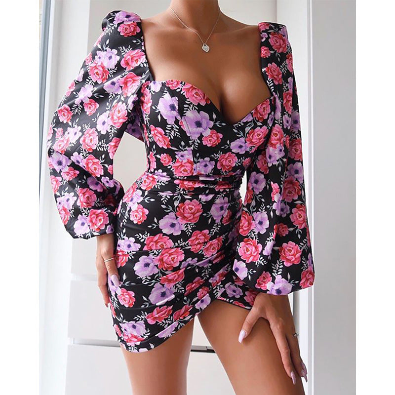 Printed Sexy Square Collar Dress Women Spring Summer Arrival Bella Mia