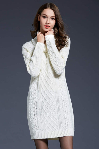 Woven Right Full Size Mixed Knit Cowl Neck Dropped Shoulder Sweater Dress.