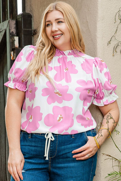 Plus Size Printed Round Neck Short Sleeve Top.