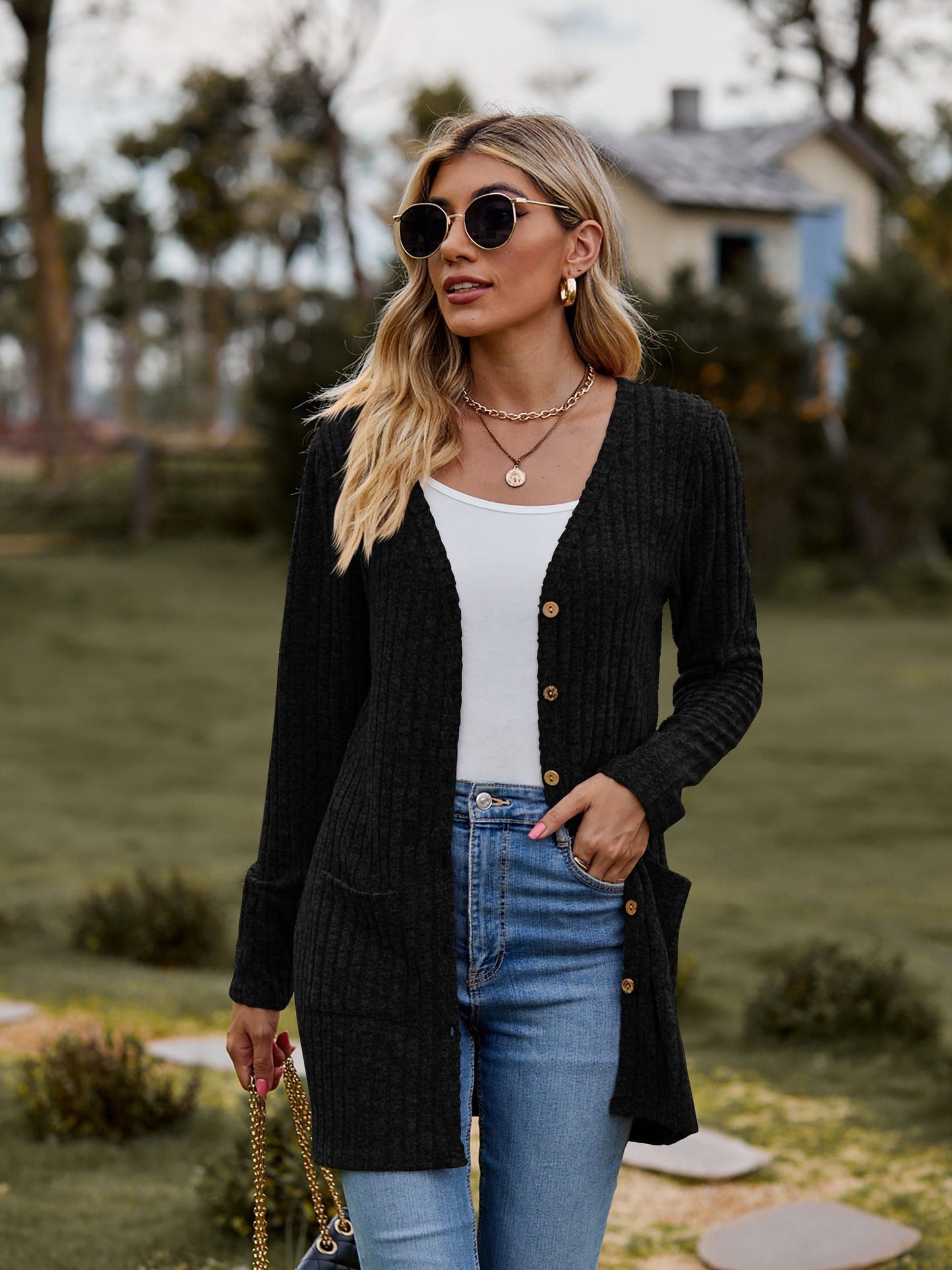 Ribbed Button-Up Cardigan with Pockets.