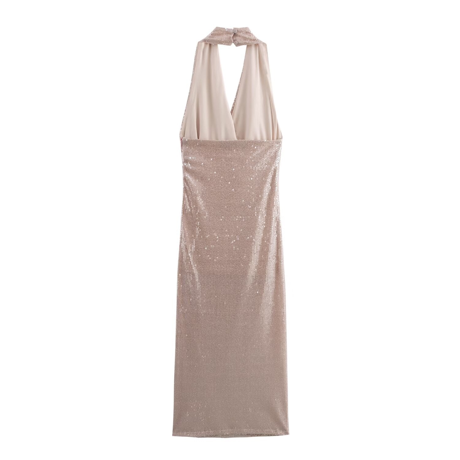 Women French Sequin Pleated Halter Dress